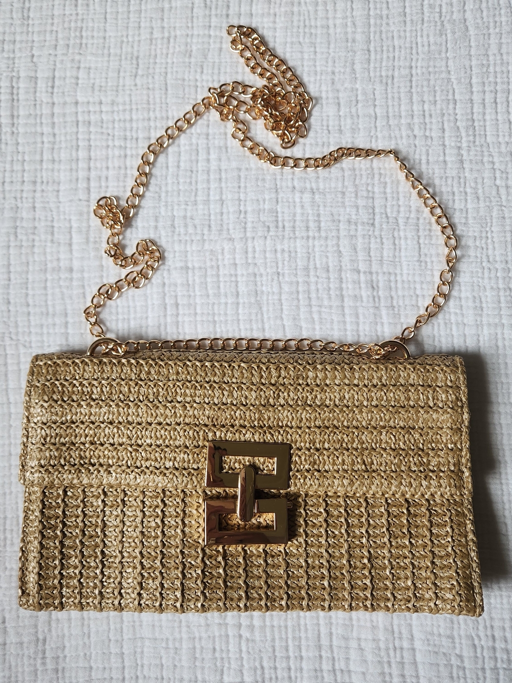 Woven Envelope Clutch With Gold Chain And Geometric Closure